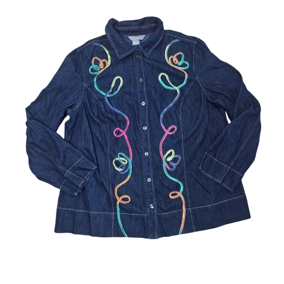 Koret Tops - KORET Denim Top Embroidered Long Sleeve Shirt Top Size 16 W Women’s Blue